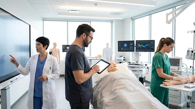 Medical training simulation lab with instructors and students learning