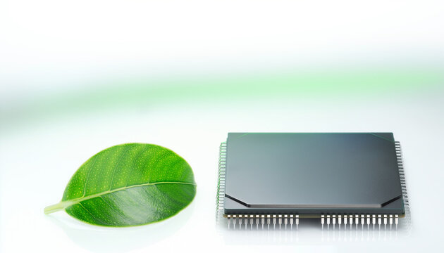 Integrating Technology and Nature for Digital Sustainability through Green Computing and Eco Friendly Microchips on White Background