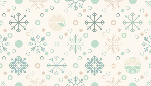 Beautiful seamless winter pattern featuring stylized green, blue, and beige snowflakes on a warm light cream background.