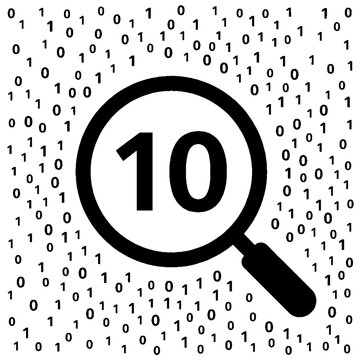 Magnifying glass with number 10 inside surrounded by binary code zeros and ones, representing digital search and data analysis concept in a flat vector illustration