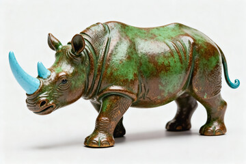 Fototapeta premium A detailed bronze rhinoceros sculpture with turquoise horns, displayed against a plain white background, showcasing artistic craftsmanship.