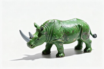 Fototapeta premium A weathered green rhinoceros toy figurine with grey horns, placed on a plain white background.