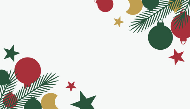 Beautiful Christmas corner border is composed of pine branches, red ornaments, dark green baubles, and gold stars on white.