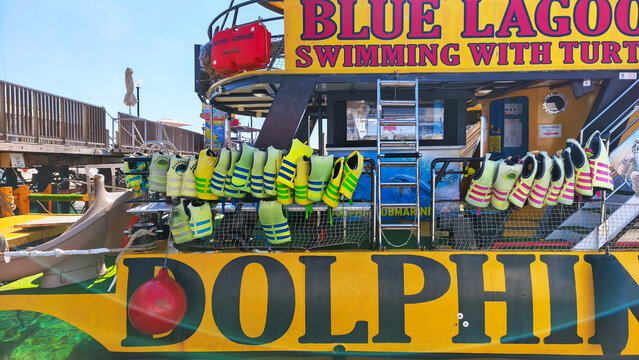 Protaras, Cyprus June 17, 2026 A colorful submarine tour boat with life jackets in the marina, promoting the Blue Lagoon and sea excursions, symbolizing summer tourism, adventure and family holidays.