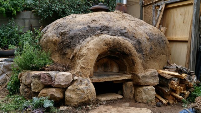 Rustic cob oven with stone base and chimney, perfect for outdoor cooking and baking