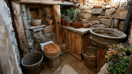 Fototapeta premium Rustic bathroom with stone walls, wooden toilet seat, and antique basin