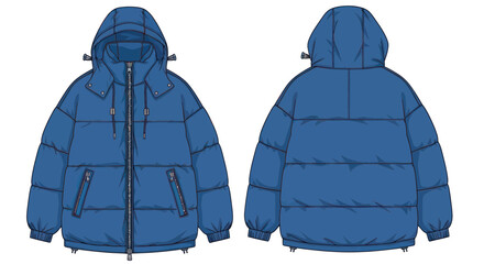 Blue hooded puffer jacket technical sketch front and back view © titisan