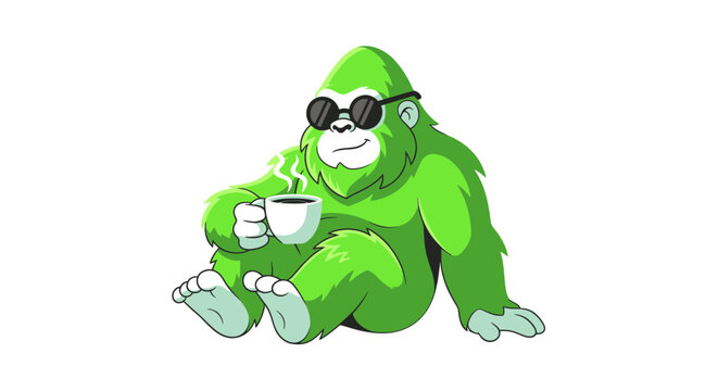 Cool green gorilla wearing sunglasses holding a steaming coffee cup