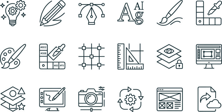 Graphic design and digital art creation line icon set featuring vector tools color palettes drawing tablets cameras typography and software editing symbols
