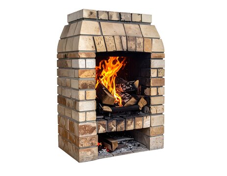 A brick fireplace with a fire burning inside on a white background