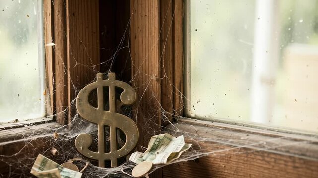 Dollar drops concept , Dollar sign cobweb spider money old wooden window corner dusty abandoned coin currency insect dirty