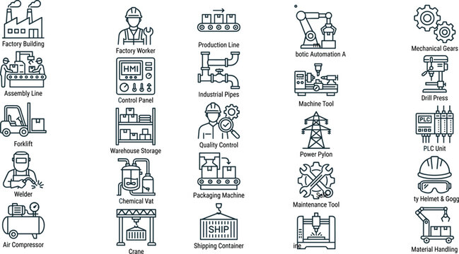 Heavy industrial manufacturing and factory line icon set featuring engineering machinery robotic automation quality control warehousing and worker safety symbols