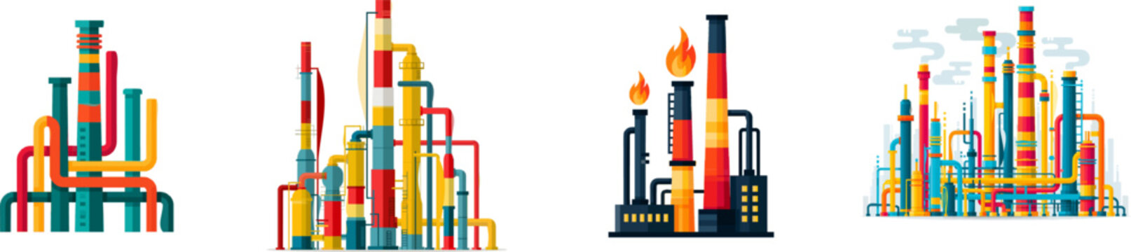 A vibrant flat vector icon of an oil refinery plant features colorful pipes and chimneys against a stark white background, exuding modern industrial aesthetics