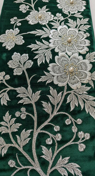 Emerald green velvet with intricate silver thread floral embroidery and pearl accents, symbolizing luxury, elegance, and detailed craftsmanship