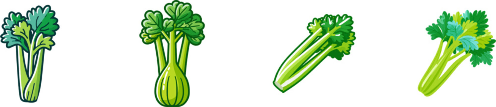 A vibrant flat vector icon of a crisp green celery stalk with leaves, featuring bright colors, modern UI style, clean lines, isolated on a pure white background