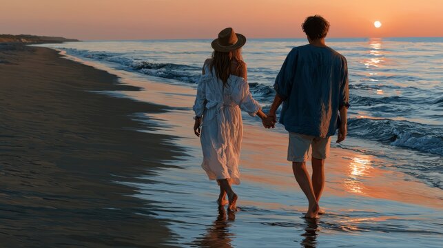 Couple walking hand in hand on beach at sunset, romantic seaside stroll