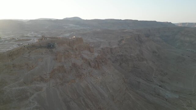 Aerial View of Masada Fortress and Desert Cliffs Near Dead Sea Israel
