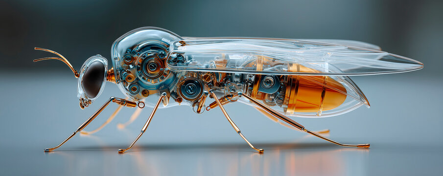 Futuristic Robotic Insect with Transparent Body and Intricate Mechanical Components