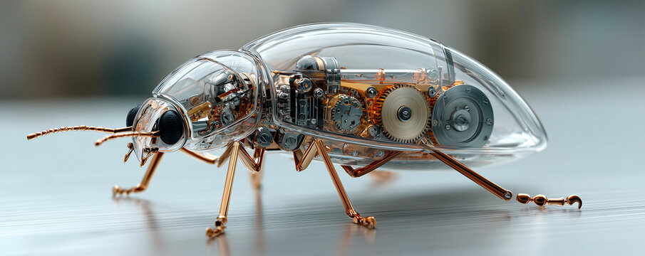 Futuristic Robotic Insect with Transparent Body and Intricate Mechanical Components