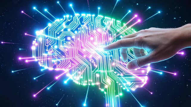 Hand touching digital brain with glowing circuit board patterns. Artificial intelligence and neural network concept. Static close-up shot.