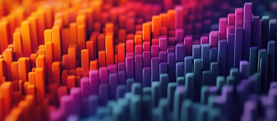Fototapeta premium Abstract 3D digital landscape with a vibrant color gradient of vertical rectangular blocks representing data visualization and technology