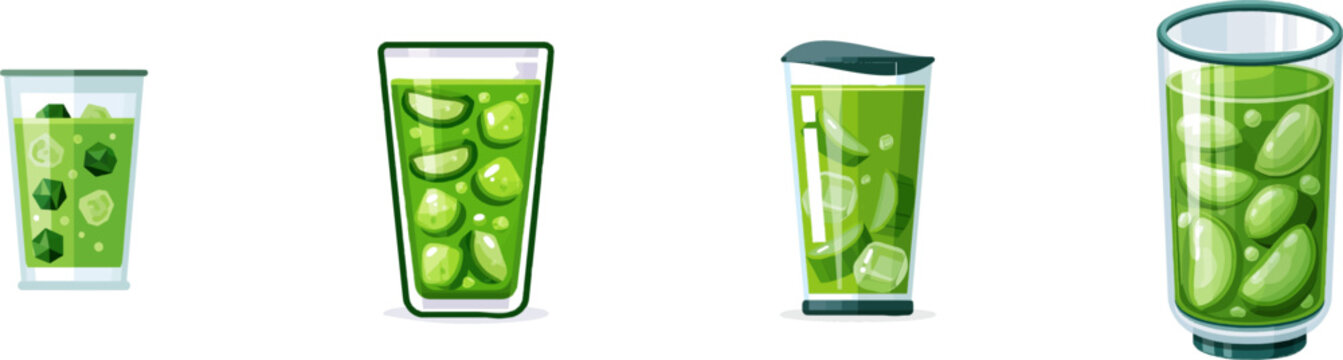 A vibrant flat vector icon of a tall glass filled with aloe vera juice, complete with floating gel chunks and bright colors, exudes modern UI elegance against a pristine white background