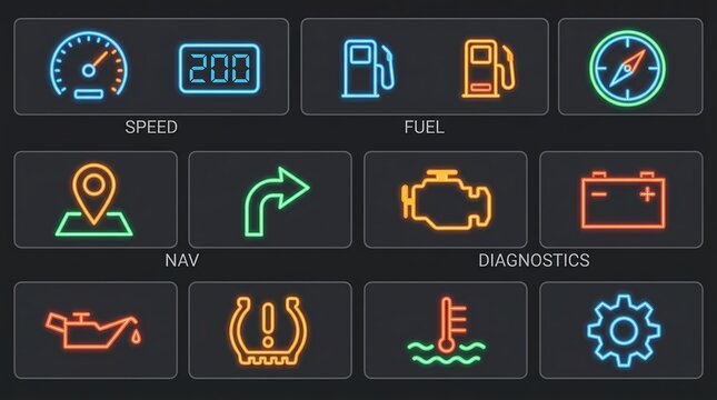 Neon Car Dashboard Warning Icons Set with Speedometer Fuel Navigation Engine Battery and Tire Pressure
