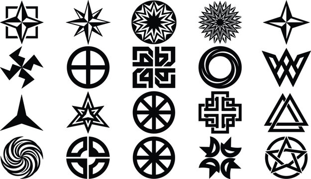 Collection of sharp black abstract geometric symbols stars crosses and occult signs isolated on white background vector