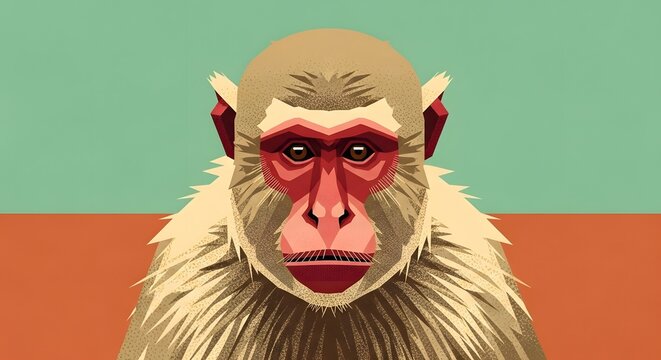 Stylized vector illustration of a macaque monkey with detailed fur and expressive facial features against a minimalist background