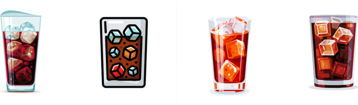 A vibrant cola soft drink in a glass filled with ice cubes, presented in a modern UI style against a pristine white background