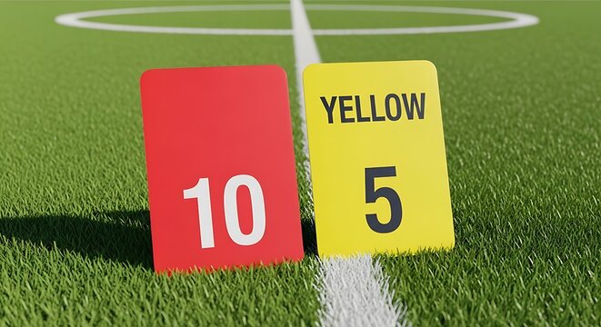 Red and yellow penalty cards on a soccer field grass isolated on white background