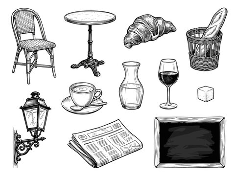 Paris cafe element set, ink sketch illustration, rattan chair, table, croissant, baguette, lamp, isolated on white