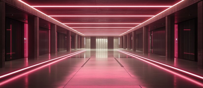 A futuristic corridor with neon pink lights stretches out to a distant exit in a sleek, modern interior with reflections.
