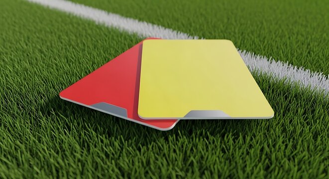 Red and yellow penalty cards on a green soccer field grass isolated on white background