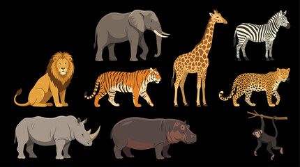 African wildlife icon collection with lion, elephant, giraffe, zebra, tiger, leopard, rhinoceros, hippopotamus and monkey on black background. © Udindin
