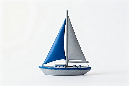 A miniature decorative sailboat model with blue and gray sails, placed on a plain white background, designed as a small nautical decor item.