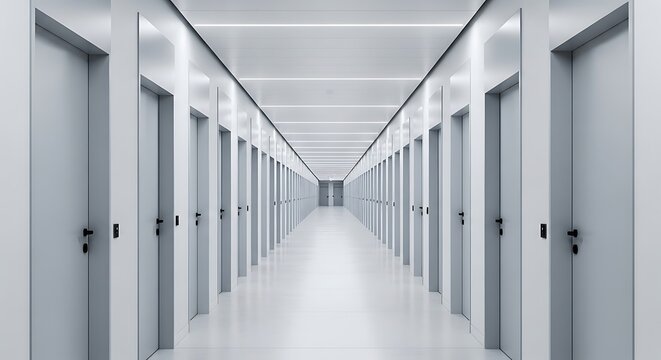 Long empty office hallway with many closed doors isolated on white background