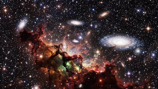 Deep space background with colorful nebula, glowing stars, and multiple spiral galaxies in the cosmos.