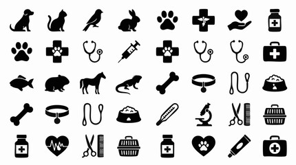 Set of black silhouette veterinary and pet care icons on white background