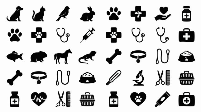 Set of black silhouette veterinary and pet care icons on white background