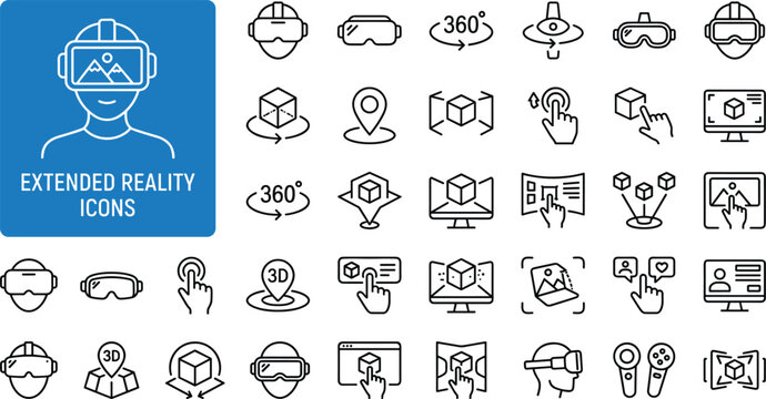 Extended reality icons set featuring virtual augmented and mixed environment symbols like headsets glasses and three dimensional simulation