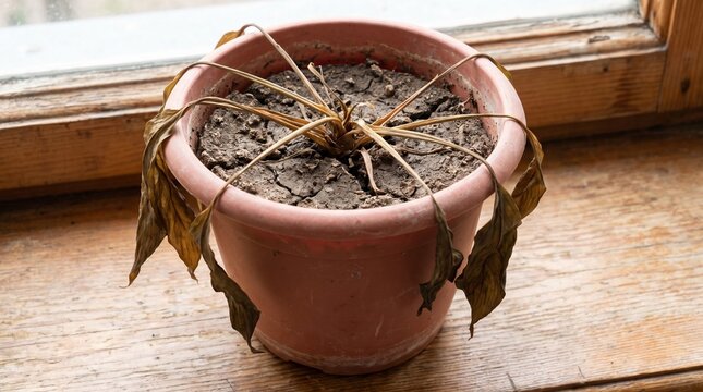 Dried up houseplant in terracotta pot on wooden windowsill  