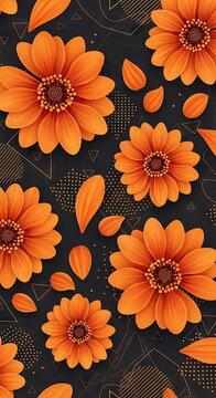Vibrant orange daisy-like blossoms create a dynamic floral pattern against a dark background