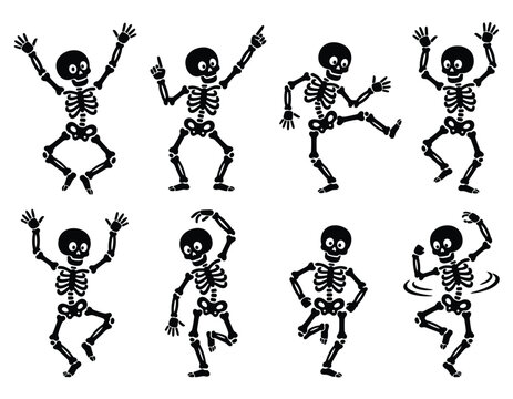 Dancing Skeleton Character Collection Illustration. Containing funny skeleton, halloween, dancing poses, cartoon bones, spooky characters, horror celebration and more. Vector illustration.