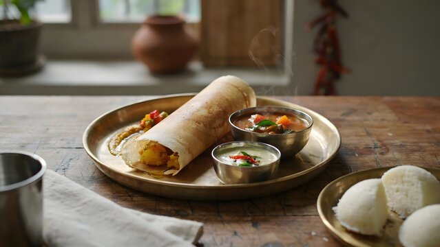 Traditional Indian Meal with Rice Roll and Curries Served on a Wooden Table