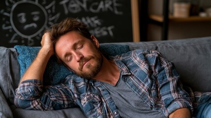 Obraz premium Man sleeping on couch with hand behind head, looking tired and exhausted