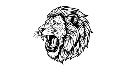 Roaring lion head with thick mane in black and white line art © tuyun