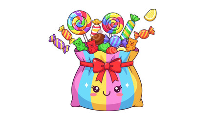 Naklejka premium Kawaii colorful candy bag filled with lollipops and gummy bears