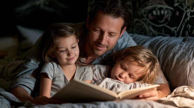 Father reads a bedtime story to his daughters in a cozy, dimly lit bedroom