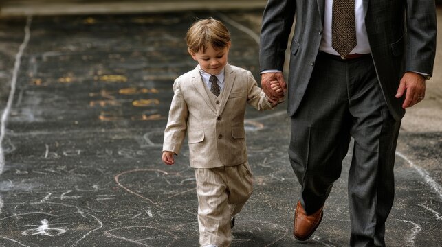 Young boy in a suit walks hand-in-hand with an adult man in formal attire